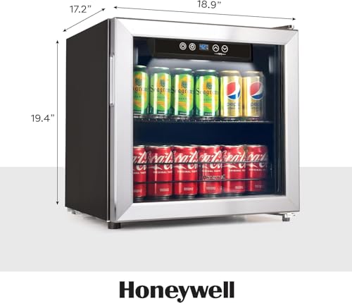 Image of Honeywell Beverage Refrigerator and Cooler, 48 Can Mini Fridge with Glass Door for Soda Beer or Wine for Office or Bar with Adjustable Removable Shelving