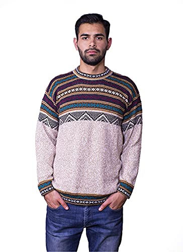 RAYMIS Alpaca Wool Cusco Geometric Mens Round Neck Sweater - Warm, Soft & Comfortable (Beige, Large)