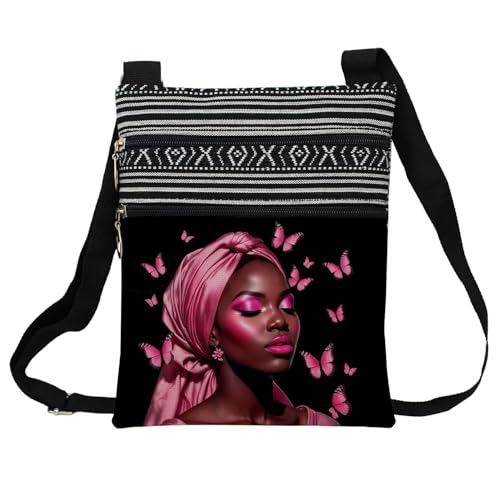 African American Messenger Bag Small Ethnic Pattern Printed Adjustable Strap Crossbody Zipper Pouch Pink Butterfly Phone Organizer Wallet Cute Shoulder Handbag for Black Women