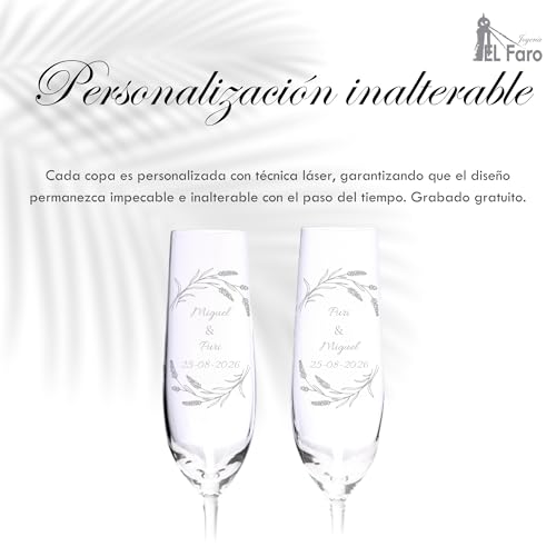 Miniatura 6 de Joyeria El Faro Copas Grabadas Para Novios Copas Personalizadas Para Bodas Cristal De Bohemia De Alta Resistencia Estuche Premium Incluido Brinda Y Celebra El Amor Ramitas