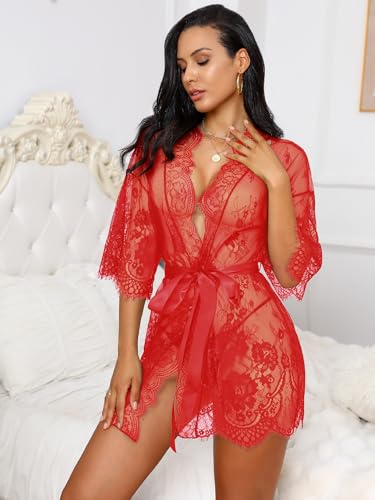 Rigeri Womens Lingerie Lace Robe Bride Robe Lingerie Sets For Women Sexy Exotic Sleepwear For Womens Lace Trim Sleep Dress For Wedding Red L — view 2