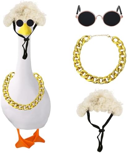 3pcs Cool Porch Goose Outfit, Including Gold Chain Collar & Sunglasses & Explosive Wig Funny Goose Costume for Lawn Animals Statue Pet Cosplay Party Garden Decor