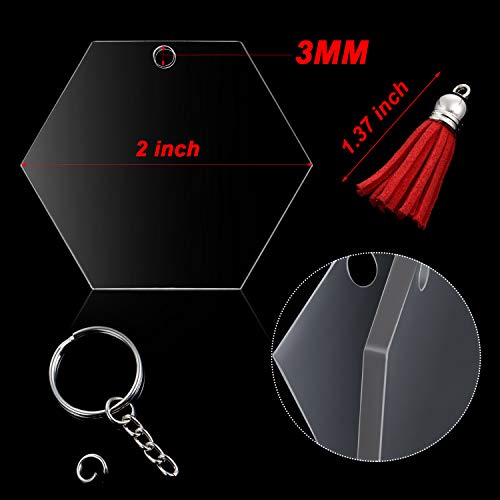 24 Pieces Christmas Acrylic Transparent Hexagon Discs Clear Acrylic Discs with 24 Pieces Key Chains and 24 Pieces Silver Tassel Pendant Keyring for DIY Projects and Crafts