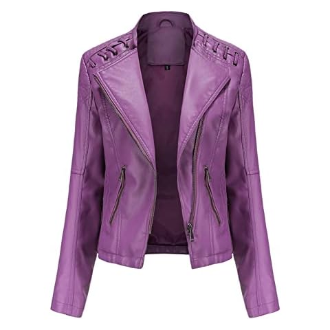 Newbestyle Faux Leather Jacket for Women Zip-Up Pleated Moto Biker Jacket Stand-up Collar Short Coat Dark Purple 3XL Cover