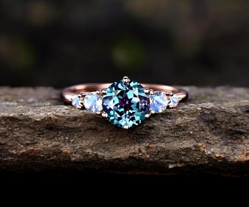 Round Alexandrite Engagement Ring – Rose Gold Solitaire Ring with Moonstone Accents – June Birthstone Promise Ring for Women – Dainty Gemstone Bridal Jewelry2