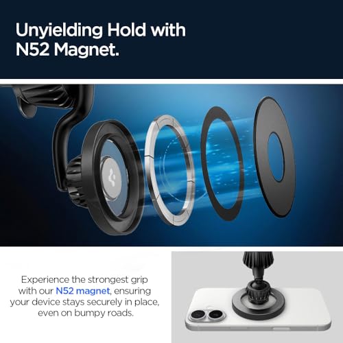 Image of Spigen Magnetic Air Vent Car Mobile Holder [Super Strong Magnet] [Magnetic Ring Included][Extra Mini Dashboard Mount] for iPhone 17 /16 /15 /13 /12, Samsung Galaxy Series and More(Extension Type) - Silver