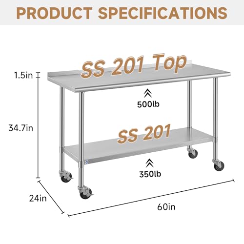 Image of ROCKPOINT All Stainless Steel Prep Table with Caster & Backsplash 24x60 Inch,Commercial Heavy Duty Workbench with Stainless Legs & Adjustable Undershelf,850 lb Capacity for Outdoor Kitchens with Wheel