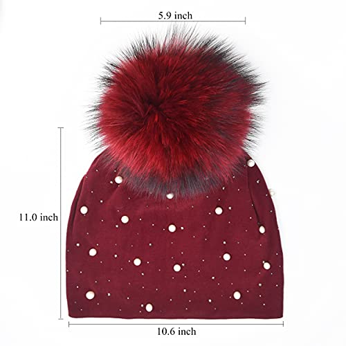 Womens Slouchy Beanie Hat With Real Raccoon Fur Ball Pompom Cotton Pearls Winter Fall Hat #TOP5