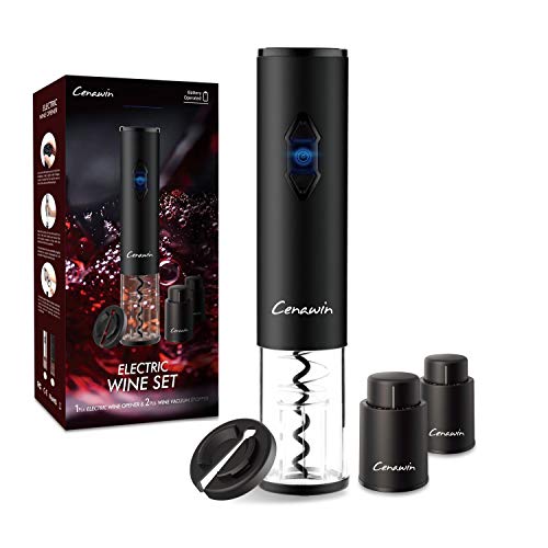 Cenawin,Juego de abridor de vino eléctrico 4 en 1 sacacorchos automático de botellas, abrebotellas de vino con cortador de aluminio y 2 tapones de vacío, aniversario, amantes del vino (negro) Cover