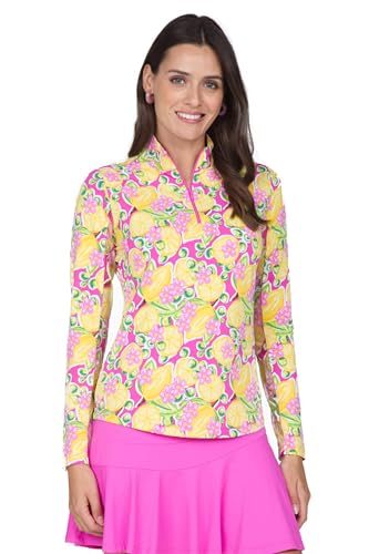 IBKUL Athleisure Wear Sun Protective UPF 50+ Icefil Cooling Tech Calista Print Long Sleeve Mock Neck Top – 10652 Hot Pink Multi Calista XL