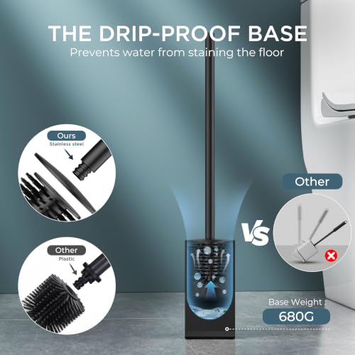 Image of FORIOUS Stainless Steel Toilet Bowl Brush Scrubber and Holder Set Short | Black, Extended Handle, Removable Inner Bowl, Stable Splash Guard, Steel Joint, Scratch‑Resistant Bristles, for Bathroom RV
