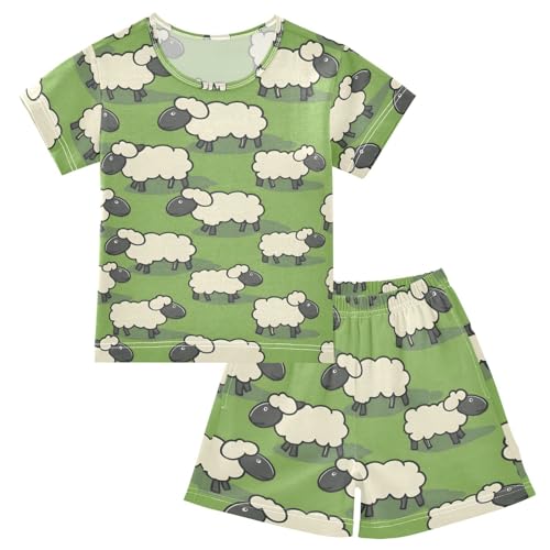ALAZA Cartoon Sheep Green Pajamas Short Sleeve 2 Piece Sleepwear Top and Bottom Pajama Set Unisex