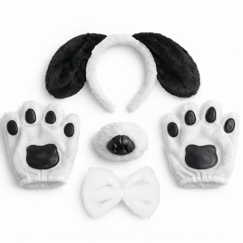 Image of Black and white dog Headband with Golves Bow and Nose Costume Set, Halloween Animal Ears Costume Dress Up Suit, Cosplay Party Supplies for Adult