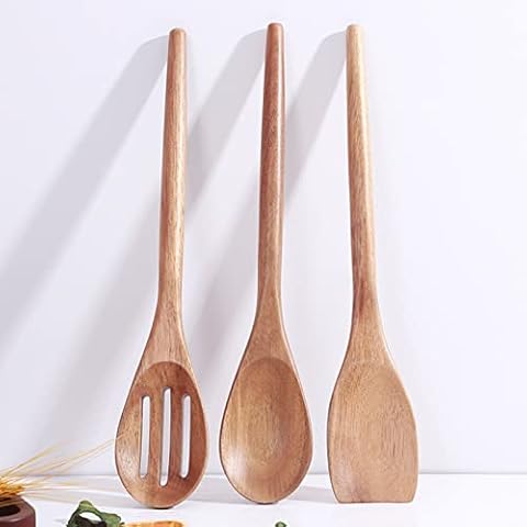 Delicate Wooden Utensils For Cooking, Set Of 3, Wood Kitchen Utensils Cooking Tools, 12 Inch Acacia Wooden Spoons Spatula Set , Cooking Gadgets Safe For Nonstick Cookware, Easy To Use Cover