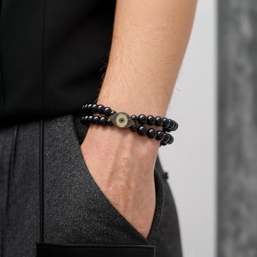Evil Eye Bracelets for Men - Black Tourmaline Bracelet - 8 MM Black Tourmaline Beaded Mens Bracelet Black, Anniversary Valentines Father's Day Birthday Gifts for Him Boyfriend Husband Man Son Dad4