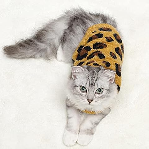Untyo Cat Sweater Leopard Cat Clothes Soft Warm Small Dog Sweater for Indoor and Outdoor Use(Yellow, Large) Cover
