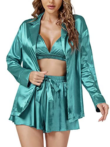 Lyaner Women’s 3 Pieces Satin Cami Shorts Pajamas Rope Set Crop Sleepwear Lingerie Loungewear Set Turquoise Small #TOP27