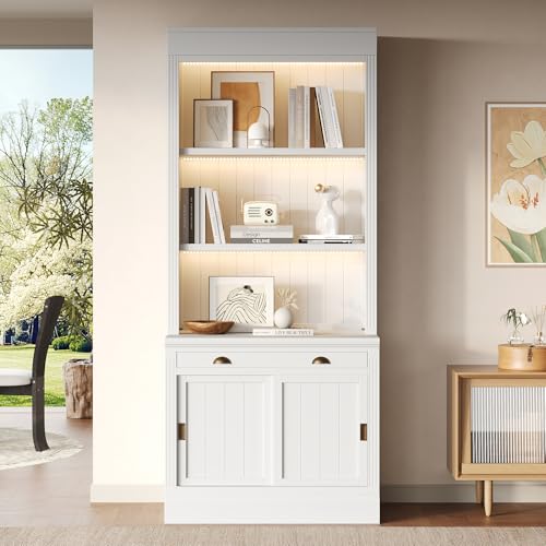 Image of 83.4 inch White Tall Bookshelf with 3-Layer LED Lighting, Modern Wood Bookcase with Sliding Doors and Open Shelves, Tall Storage Bookshelf with Cabinet for Living Room,Home Office (White)