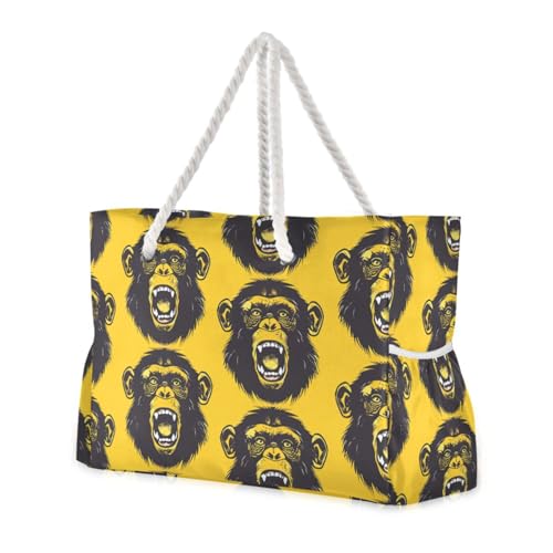 Monkey Yellow Black Sturdy Tote Bag Women with side pocketes Large Beach Bag with zippered pockets
