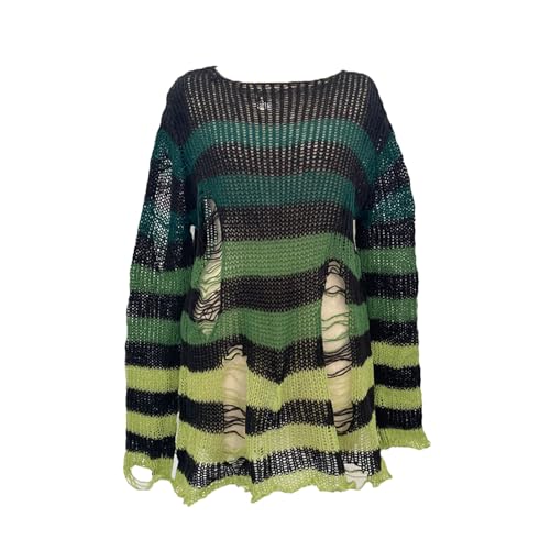 CORIRESHA Women's Oversized Goth Punk Ripped Rainbow Striped Sweater Long Sleeve Knit Pullover