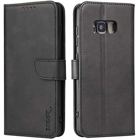 LOLFZ Wallet Case for Samsung Galaxy S8, Vintage Leather Book Case with Card Holder Kickstand Magnetic Closure Flip Case Cover for Samsung Galaxy S8 - Black Cover