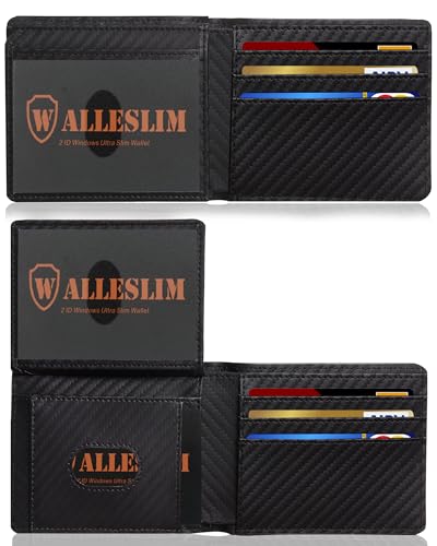 Minimalist Wallet for Men, RFID Blocking Leather & 2 ID Windows Slim Bifold Mens Wallet with Gift Box, Mens Card Wallet with 12 Card Slots & Cash Slot (Dark)