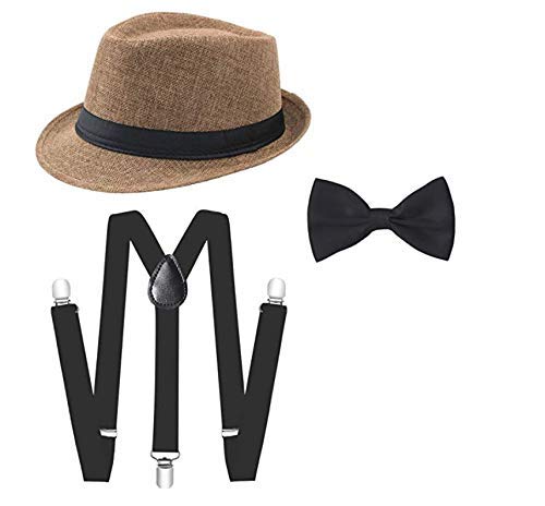 Clothera Black Suspender and Bow Tie Set with Beige Hat for Kids 1yrs to 3yrs
