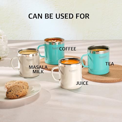 Image of Sumeet Stainless Steel Coloured Double Wall Tea /Milk /Coffee Mug Set of 4Pc - 300ml - Ivory