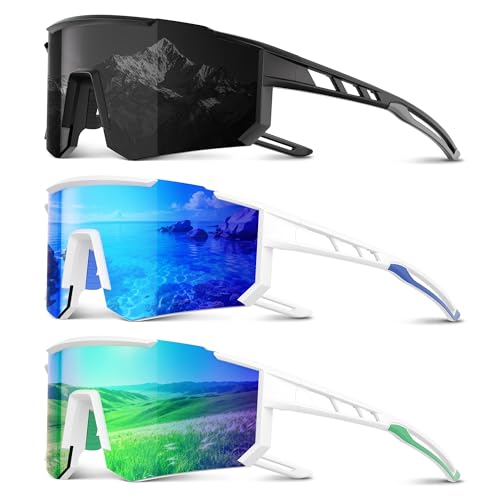 3 Pack Polarized Sports Sunglasses Men Women, Running Mens Sunglasses UV Protection for Baseball Cycling Fishing A09-grey/Ice Blue/Green