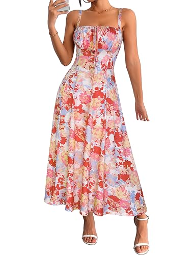 Image of YATHON Women's Summer Midi Corset Boho Dresses Spring Casual Floral Spaghetti Straps Lace Up Dress Flowy Aline Beach Sundress