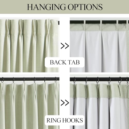 Image of Vision Home Soft Green Pinch Pleated Full Blackout Curtains Linen Blended Room Darkening Curtain Panels 108 inch for Living Room Bedroom Thermal Insulated Pinch Pleat Drapes with Hooks 40 inch Wx108 Lx2