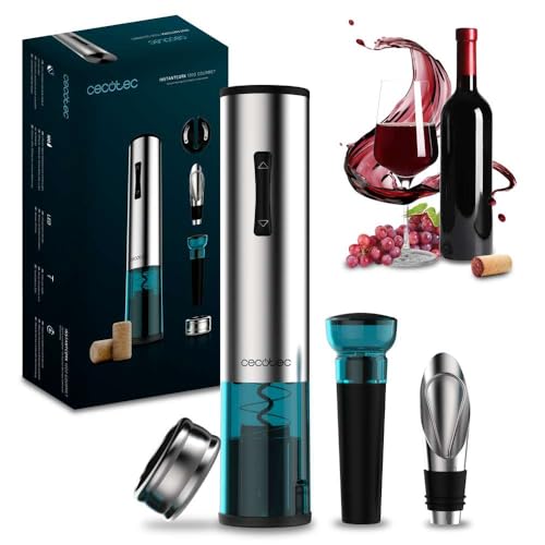 Cecotec Sacacorchos Eléctrico InstantCork 1000 Gourmet. Abre Botellas en solo 8 segundos, Funciona con 4 Pilas, Luz LED, Aguja helicoidal de Acero, Cuerpo de acero inoxidable