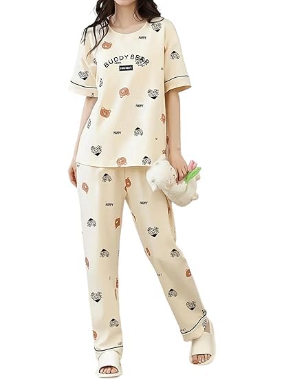 Image of Women's Pajama Set with Top & Pants|| Korean Night Wear|| Loose Fit Home Wear || Lightweight Printed Set || Soft & Comfy Girls & Women