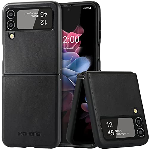 Kezihome Samsung Galaxy Z Flip 4 Case, Samsung Z Flip 4 Genuine Leather Case, Slim Thin Shockproof Full-Body Protective Cover Phone Case Compatible With Galaxy Z Flip 4 5G (Black) #TOP8