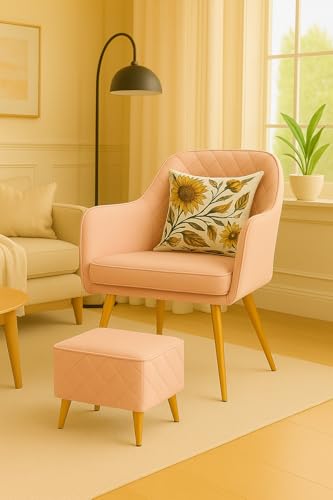 Image of Velvet Accent Chair with Matching Pouffe & Floral Cushion | Modern Upholstered Armchair with Gold Metal Legs | Lounge Chair for Living Room, Bedroom, Office, Guest Room (Pink Diona)