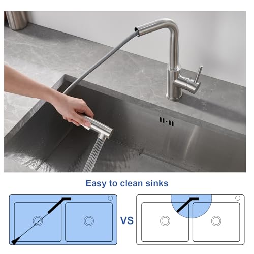 WOOHSE Wasserhahn Küche Ausziehbar, 360°Drehbare Küchenarmatur mit Brause Ausziehbar, Hochdruck Spültischarmatur mit 2 Strahlarten, Armatur aus Edelstahl, Gebürstet, Mischbatterie Küche