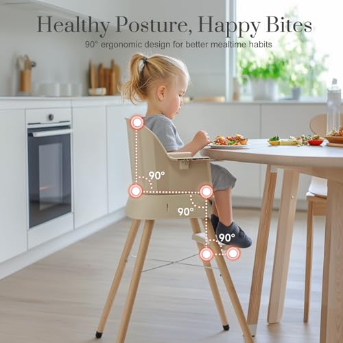 3-in-1 Convertible Baby High Chair, Booster Seat for Dining Table, Wooden High Chair for Babies and Toddlers, Easy Clean Infant Highchair with Removable Double Tray & 5-Point Harness, Beige - Thumbnail 6
