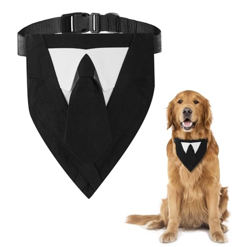 HITDER Dog Tuxedo Adjustable Buckle Formal with Bow Tie Costume Pet Party Tux Bandana Dog Weddin Collar for Small Medium Large (Black Tie-L)