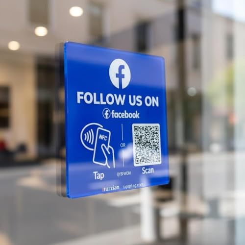 Follow Us Social Media Sign for Facebook – NFC QR Code Social Media Tap Card Plate, Reusable Tap or Scan, No App or Fees, Adhesive Backing & Included Stand
