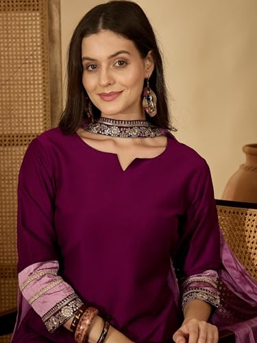 Image of EthnicJunction Women's Cotton Silk Embroidered Asymmetric Kurta Pant with Choker Dupatta Set | Wedding Outfit | Heavy | Kurta Set | Ethnic Set