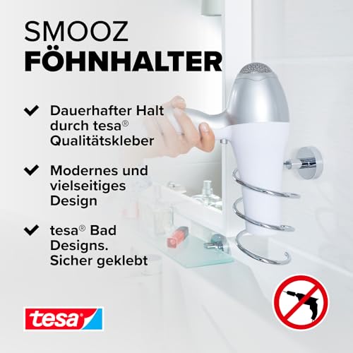 tesa SMOOZ Föhnhalter verchromt, spiralförmig - Haartrockner-Halter zur Wandbefestigung ohne Bohren, inkl. Klebelösung - 100mm x 160mm x 135mm