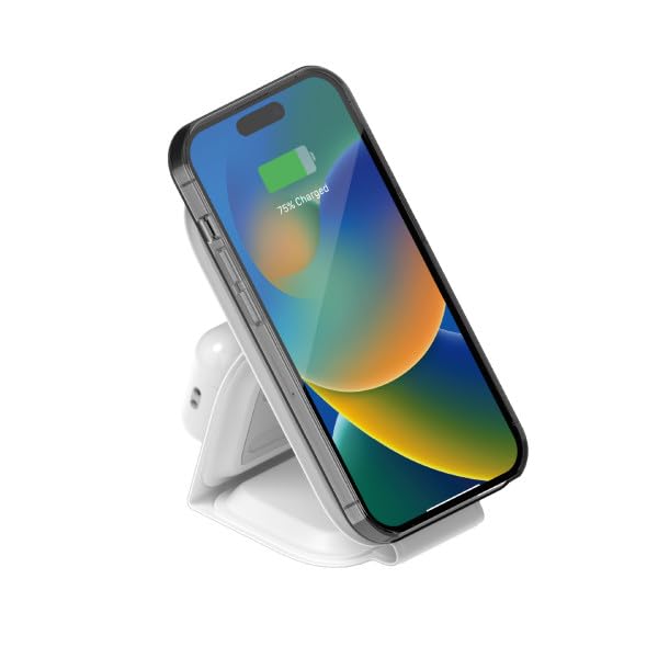 Scosche MSQFG2N1WT MagicMount™ Travel 2-in-1 Magnetic Dual Wireless Charging Station, Fast Charger Stand w/Foldable Flat Pad, Compatible with MagSafe Apple iPhone 15/14/13/12/Pro Max/Airpods, White