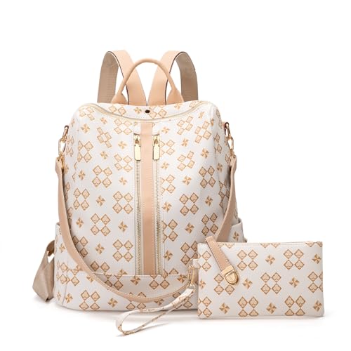 NEICOA Fashion Backpack Purse for Women Designer Convertible Travel Backpack Vegan Leather Shoulder Bag with Wallet for Ladies 2psc (Club White)
