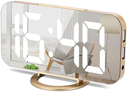 YGON Slim Digital Alarm Clock, Daul USB Charger Ports, Dimming Mode, Large Display Mirror Surface for Makeup, LED Desk Clock for Bedroom, Living Room, Office, Home, Kids - Gold/White
