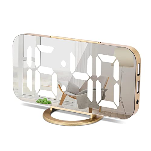Digital Alarm Clock, Large Mirror Display Surface Led Clocks With Dual Usb Charger Ports, Auto/Custom Brightness,Modern Home Bedroom Living Room Office Desk Cute Decor, Alarm Clocks For Bedrooms-Gold #TOP10