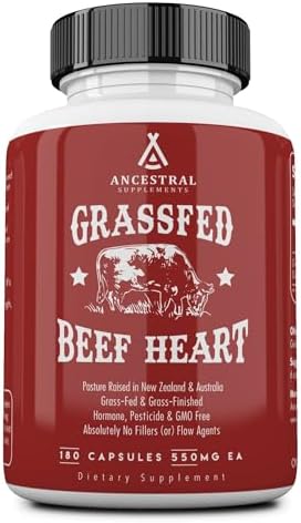Ancestral Supplements Grass Fed Beef Heart Supplement, 3300mg, CoQ10 Supplement Supports Heart and Mitochondrial Health, Non-GMO, 180 Capsules
