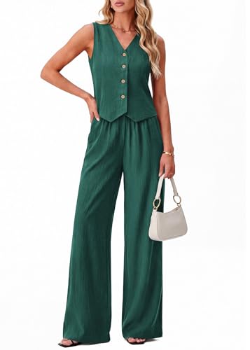 KIRUNDO Business Casual Outfits for Women Vest Tops Pant Suits Dressy 2 Piece Sets Summer Crop Blazer Wide Leg Work Pants(Dark Green, X-Large)