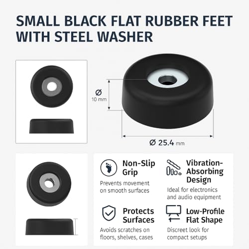 Image of Penn Elcom Small Black Flat Rubber Feet with Steel Washer - Set of 12 | Anti-Vibration Bumper Pads for Furniture, Cases, Electronics | Non-Slip for Floor & Surface Protection (O - 25.4mm, H - 10mm)