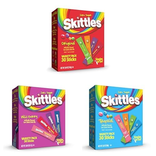 Skittles Singles To Go Original,Tropical and Wild Berry, Variety Pack, Powdered Drink Mix, Zero Sugar, Low Calorie, Includes, 12 Flavors, 90 Total Servings
