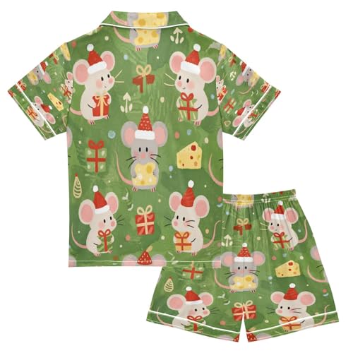 Satin Pajama Sets Short Sleeve Christmas Mice with Cheese Button Down Silky Nightwear 2 Piece PJS 5-14Y2